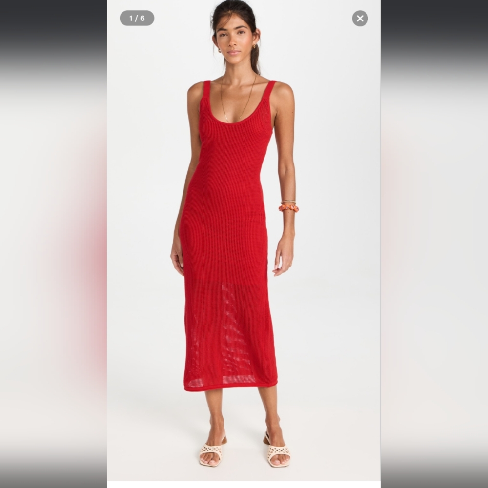STAUD Red Ribbed Midi Dress